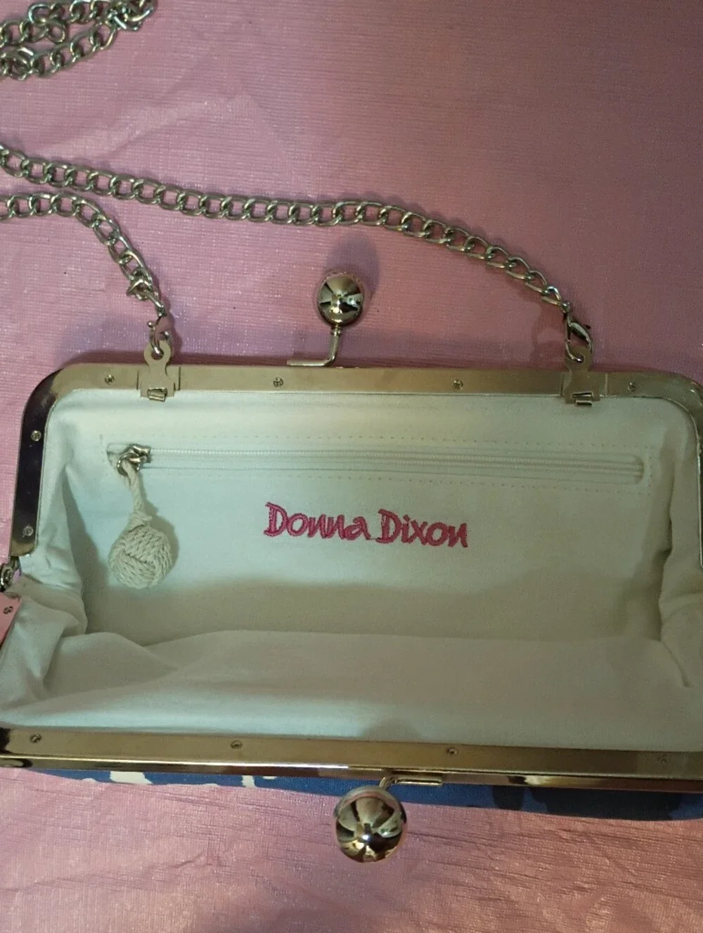 Donna Dixon Vintage Blue & White Printed Kiss-Lock Clutch with Silver Chain